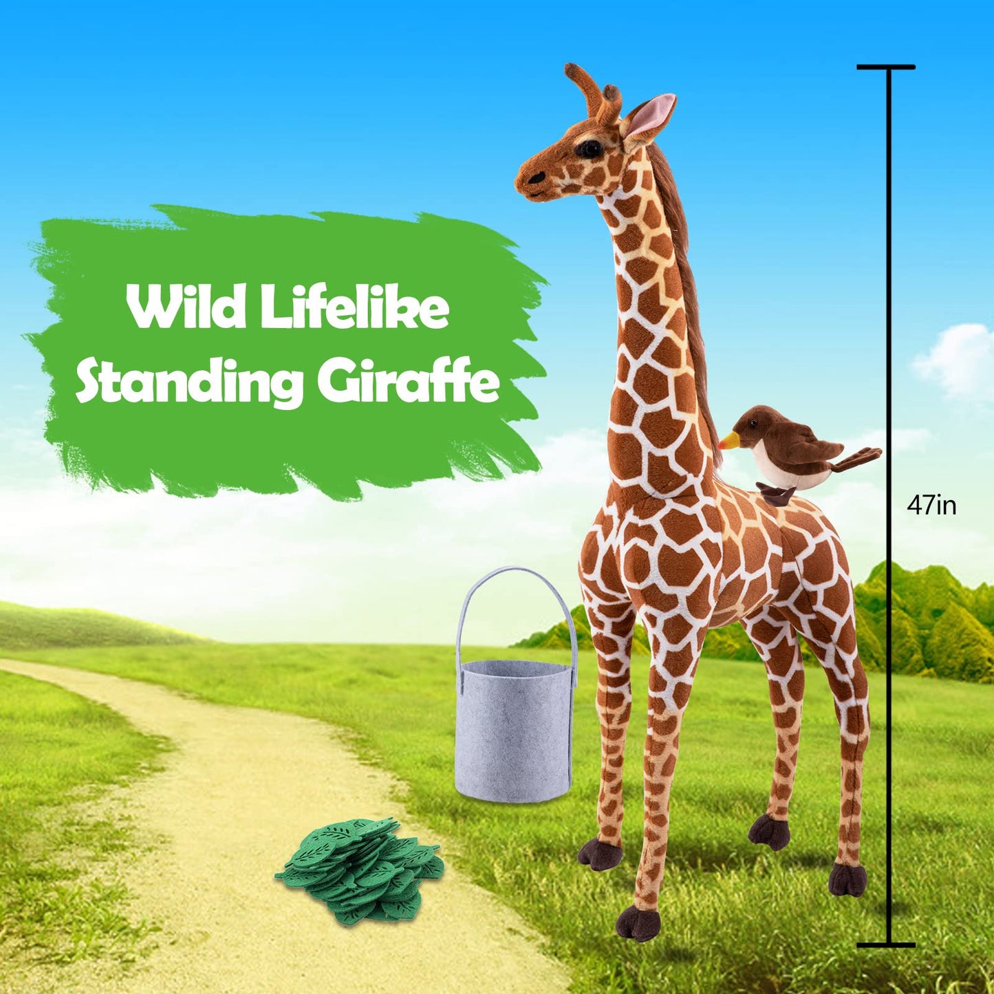 Giant Giraffe Stuffed Animal Set, 47 Inch Large Plush Giraffe Toy with Bird&Basket&Leaves&Card, Big Lifelike Standing Giraffe for Girls Boys