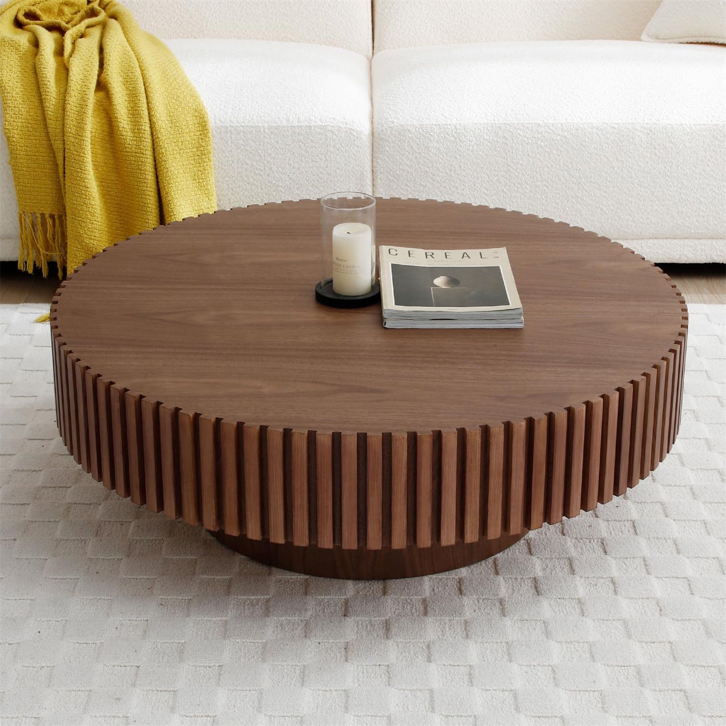 31.49'' Walnut Coffee Table Round Wood Modern Solid Wood Veneer Handcrafted Relief Tea Table with Sturdy Pedestal for Apartment Living Room