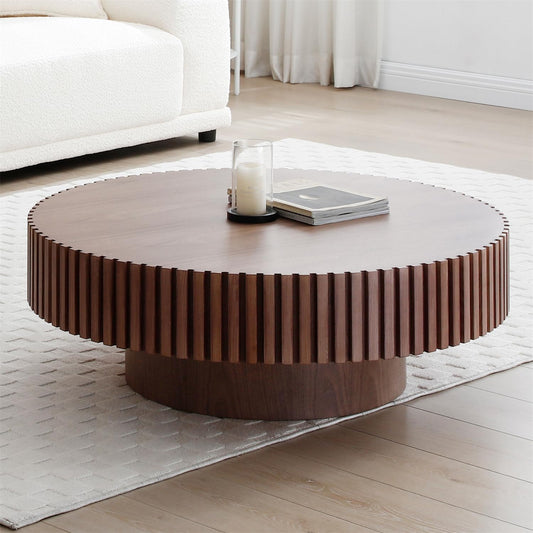 31.49'' Walnut Coffee Table Round Wood Modern Solid Wood Veneer Handcrafted Relief Tea Table with Sturdy Pedestal for Apartment Living Room