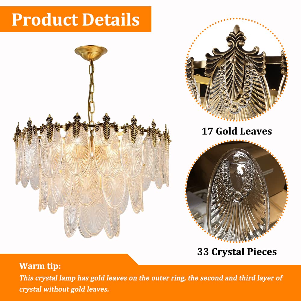 FanErsai Modern Crystal Chandelier Golden Vintage Pendant Lighting with Leaf Crystal Drum 8-Light French Raindrop Ceiling Light Fixture Perfect for Living Room Dining Room Bedroom Entryway Foyer