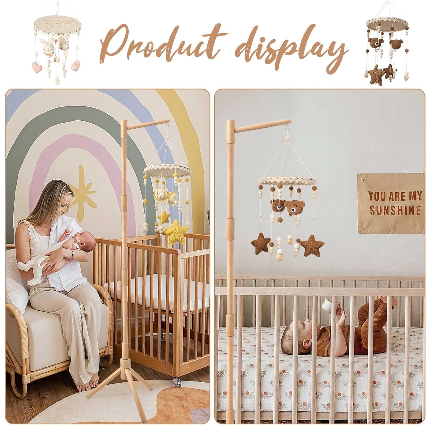 Floor Standing Mobile Arm for Crib, 57.8 Inch Baby Crib Mobile Arm, Baby Mobile Stand - Movable, Anti-Dumping, Adjustable Height, Easy to Assemble - 100% Beech Wood - Nursery Decor