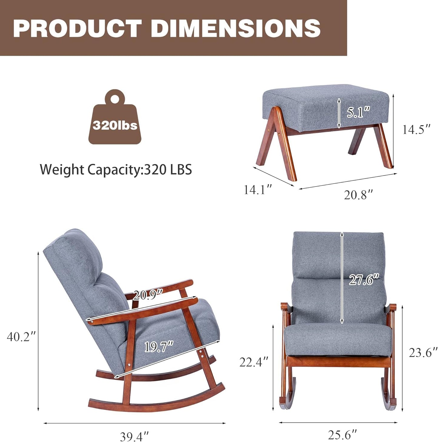 HOMREST Rocking Chair with Ottoman, Mid-Century Modern Upholstered Nursery Rocking Armchair with Footrest& Thick Padded Cushion for Living Baby Room, Bedroom（White）