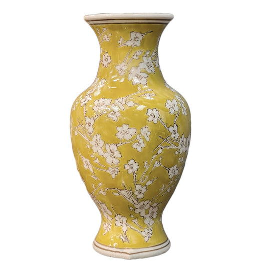 Galt International Yellow and White Sakura Chinoiserie Ceramic Vase 14" - Hand Painted Antique Style Porcelain Japanese Flower Bottle Fishtail Porcelain Chinese Vase for Home Decor Centerpiece