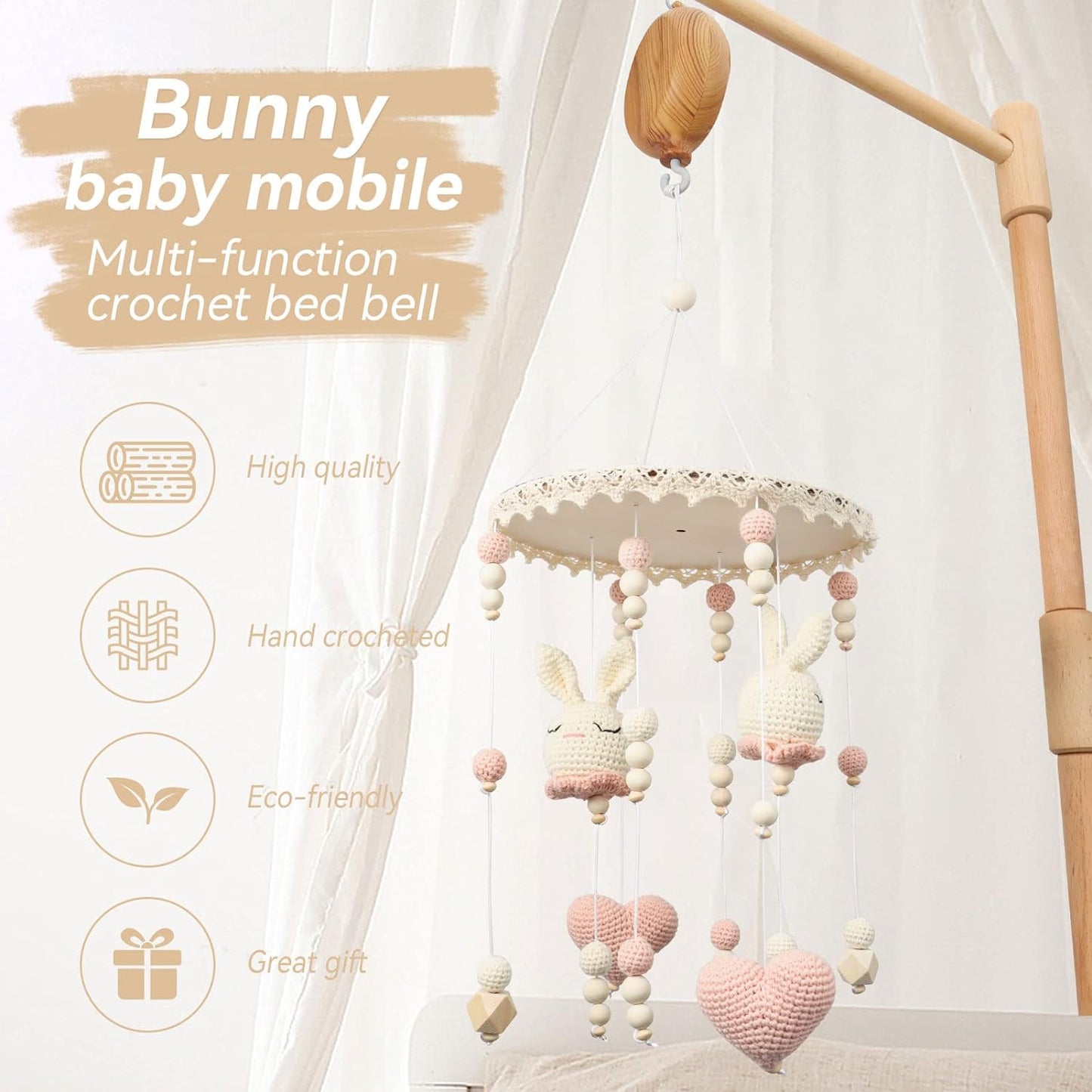 Floor Standing Mobile Arm for Crib, 57.8 Inch Baby Crib Mobile Arm, Baby Mobile Stand - Movable, Anti-Dumping, Adjustable Height, Easy to Assemble - 100% Beech Wood - Nursery Decor