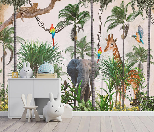 3D Safari Wallpaper Tropical Jungle and Animals Plant Wallpaper Mural for Bedroom Kids Room (Not Peel and Stick)