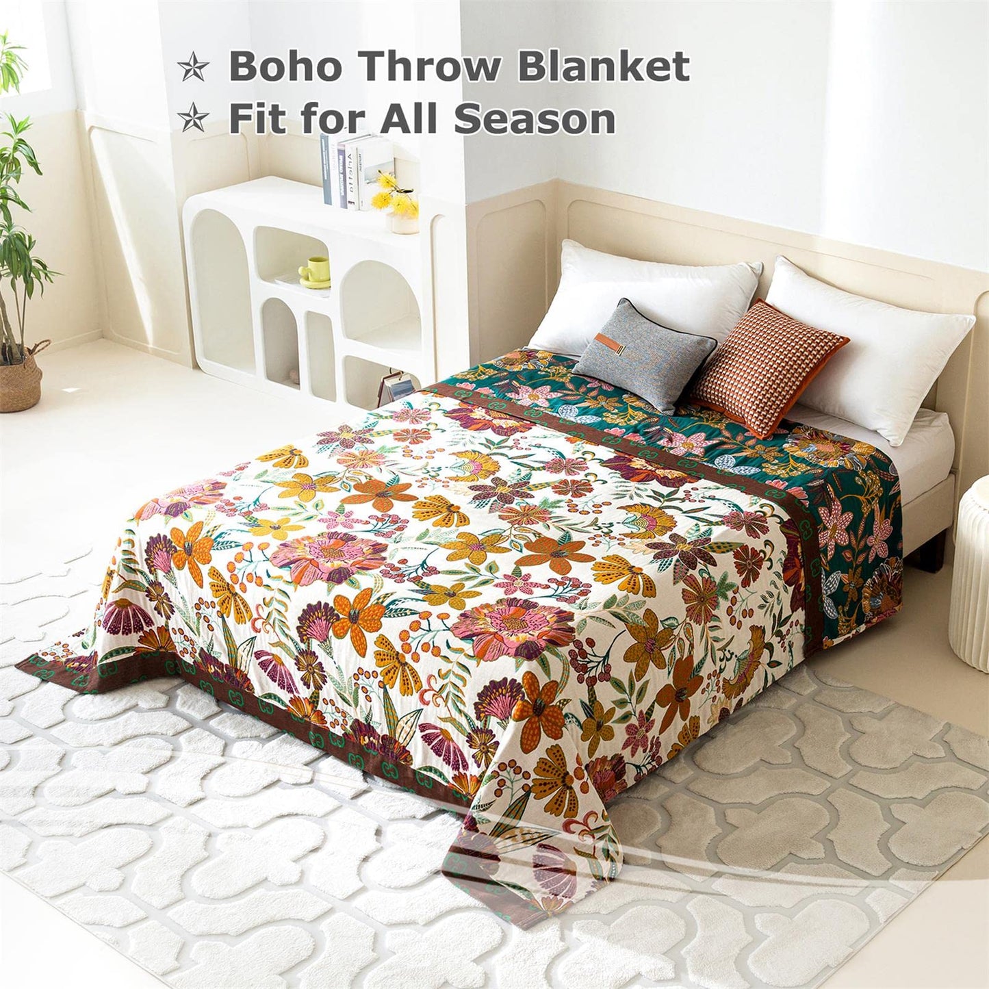 Boho Throw Blanket for Bed - 100% Cotton Ultra Soft Rustic Quilt - Floral Printed Farmhouse Decor Bed Fall Blankets,60"×80" All Season Rustic Large Throw for Sofa Couch Chair