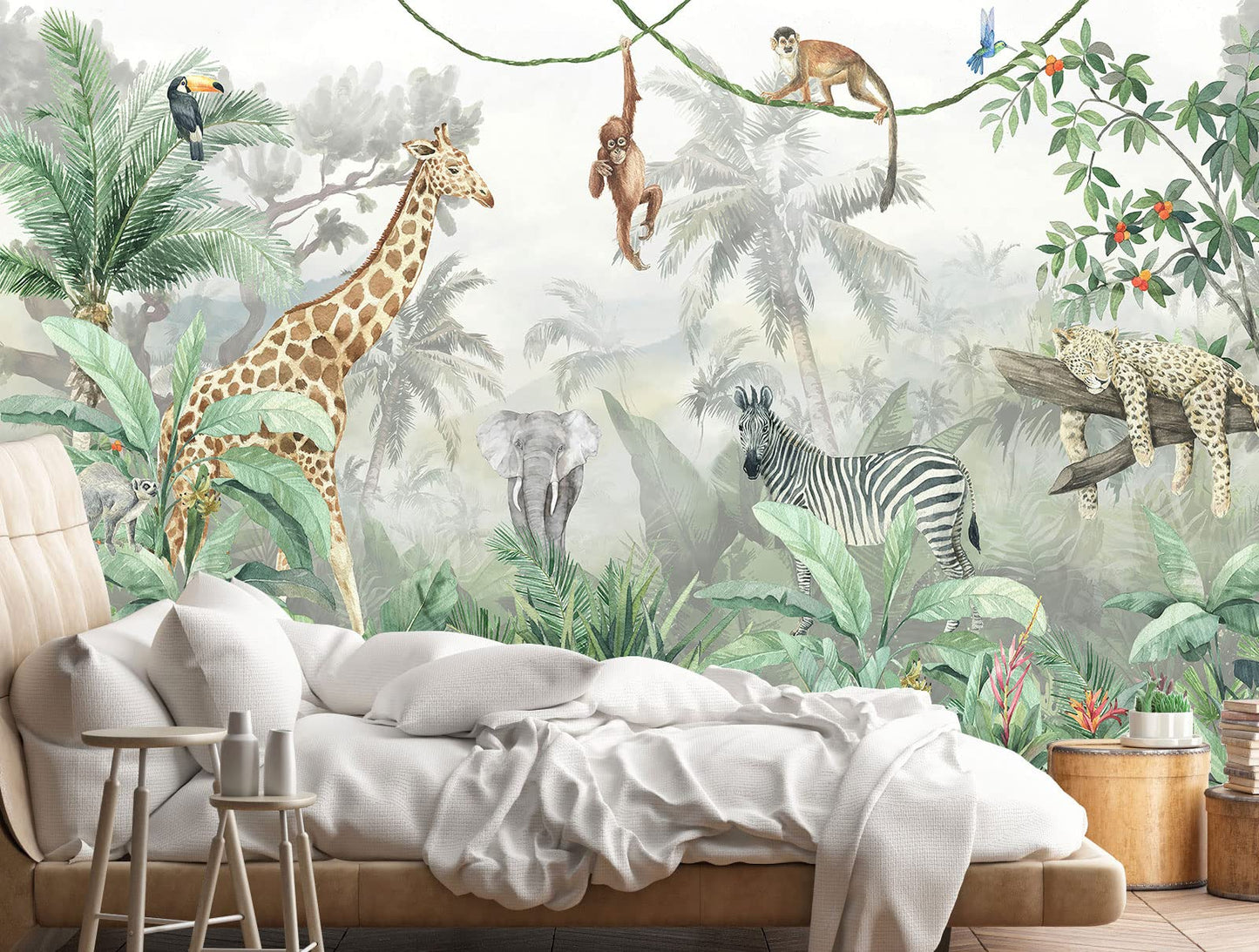 Kids Wallpaper Tropical Leves and Safari Animals Wall Mural for Wall Bedroom Living Room TV Background Sofa Wall (not self-Adhesive)