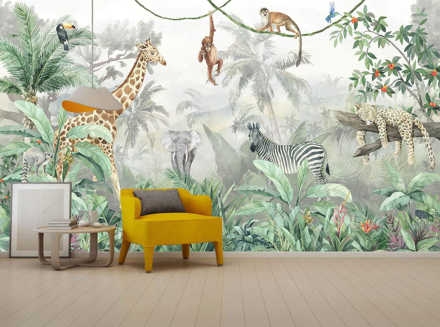 Kids Wallpaper Tropical Leves and Safari Animals Wall Mural for Wall Bedroom Living Room TV Background Sofa Wall (not self-Adhesive)