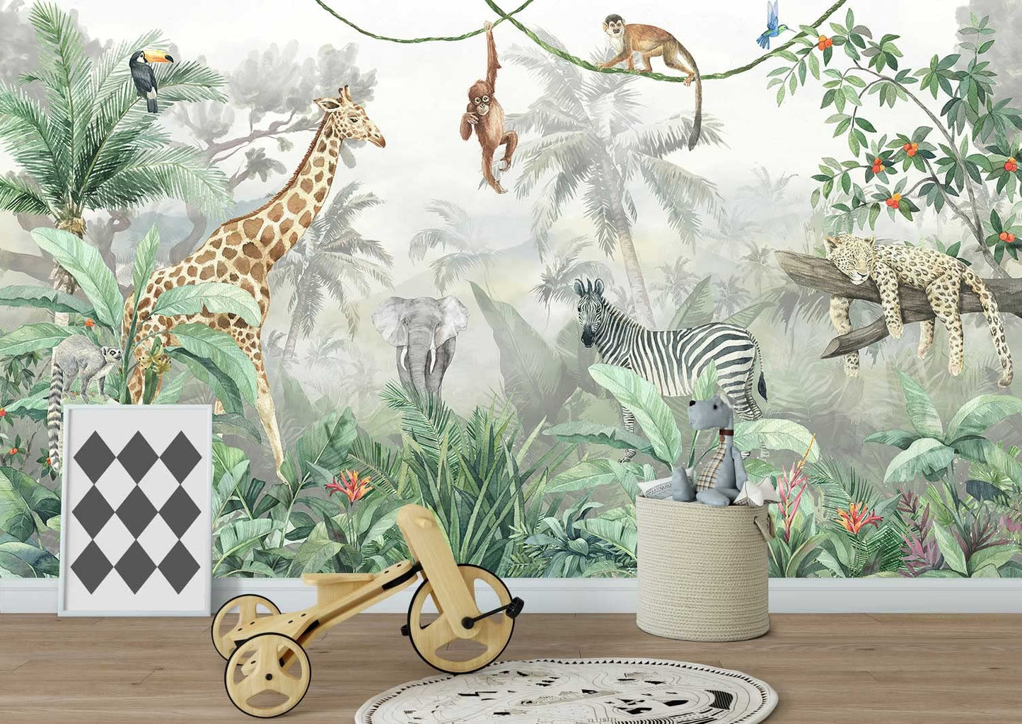 Kids Wallpaper Tropical Leves and Safari Animals Wall Mural for Wall Bedroom Living Room TV Background Sofa Wall (not self-Adhesive)