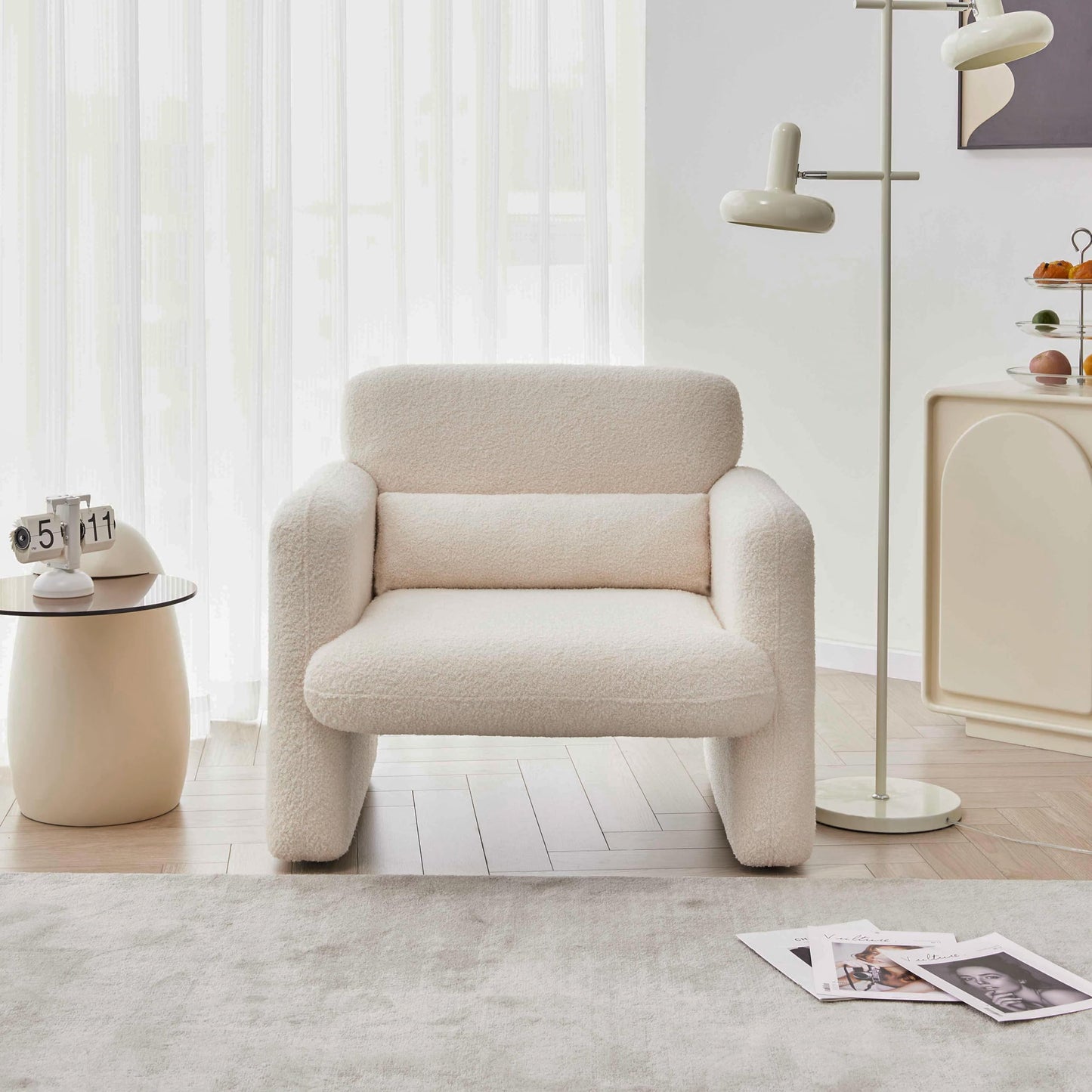 Modern Accent Single Sofa Chair with Arms, Lamb Fabric Upholstered Comfy Reading Arm Chair for Bedroom, Living Room-Beige