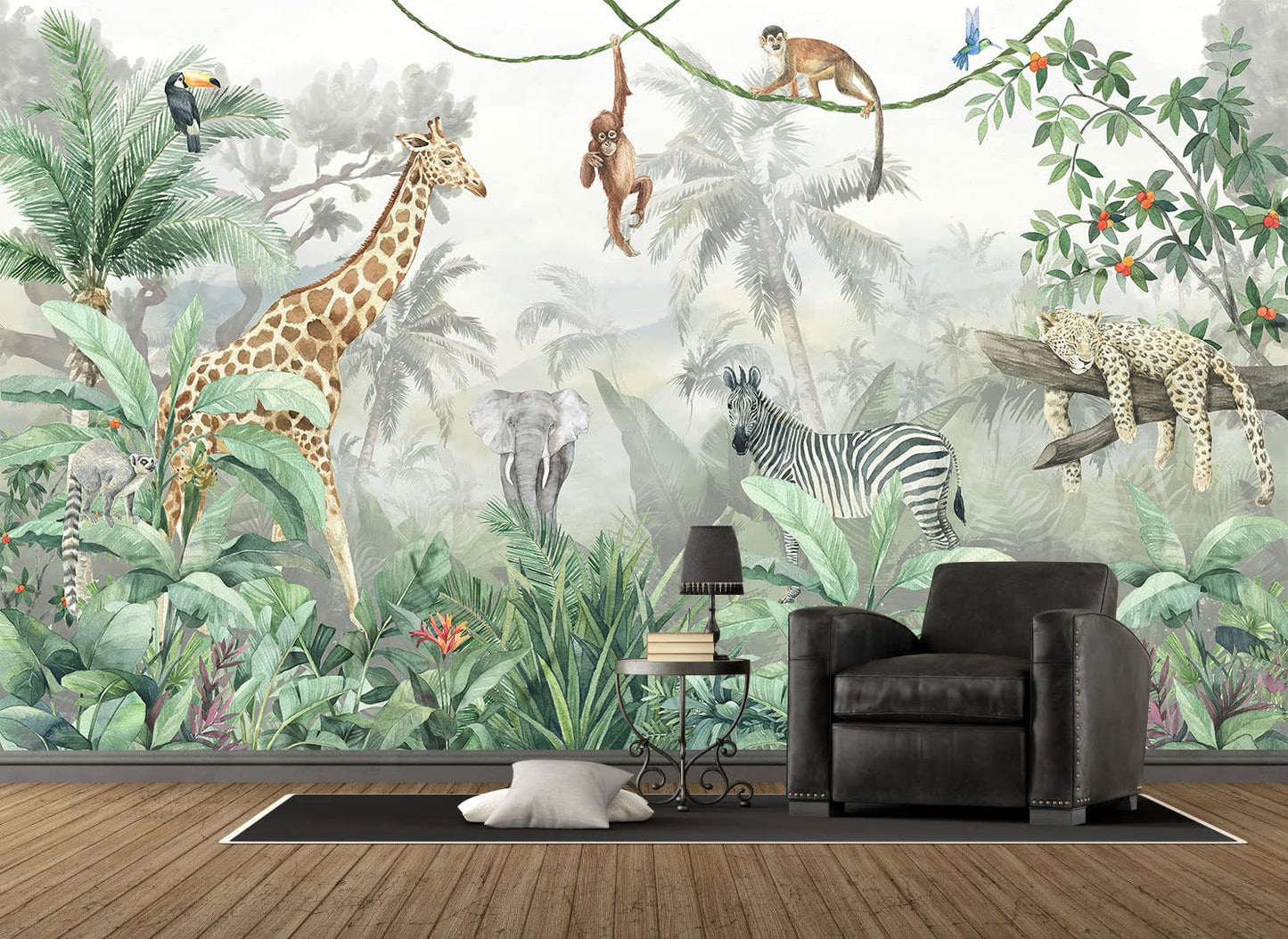 Kids Wallpaper Tropical Leves and Safari Animals Wall Mural for Wall Bedroom Living Room TV Background Sofa Wall (not self-Adhesive)