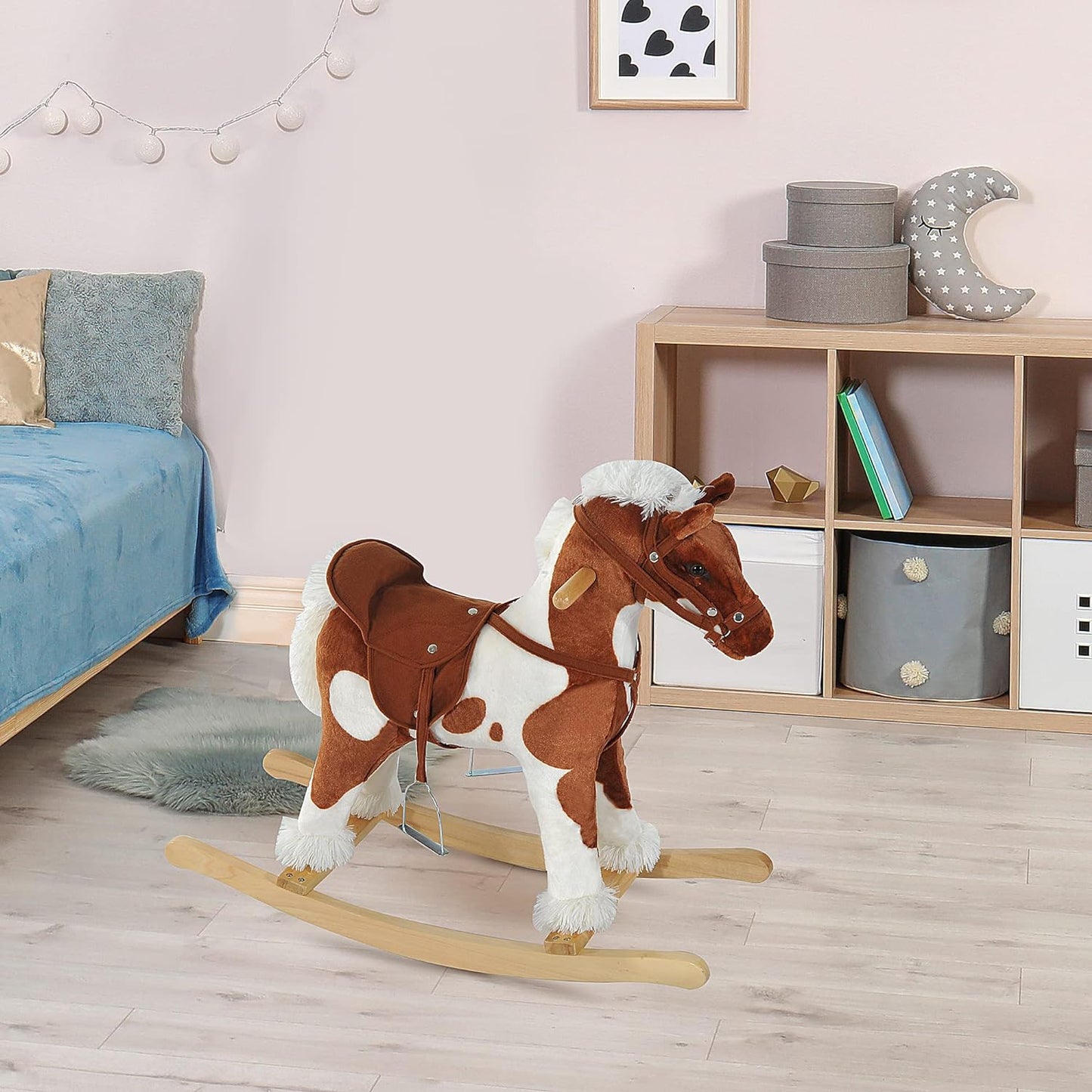 Qaba Wooden Toddler Rocking Horse, Kids Plush Rocking Chair Toy with Nursery Rhyme Music Brown