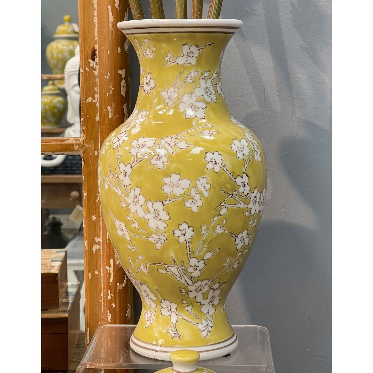 Galt International Yellow and White Sakura Chinoiserie Ceramic Vase 14" - Hand Painted Antique Style Porcelain Japanese Flower Bottle Fishtail Porcelain Chinese Vase for Home Decor Centerpiece