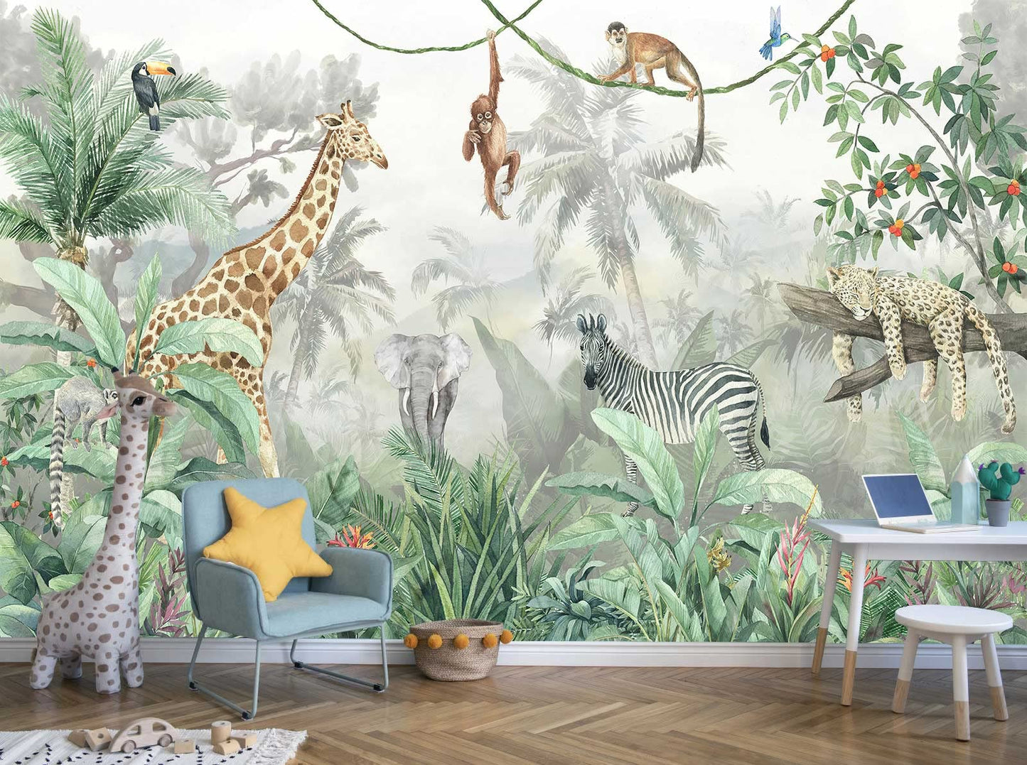 Kids Wallpaper Tropical Leves and Safari Animals Wall Mural for Wall Bedroom Living Room TV Background Sofa Wall (not self-Adhesive)