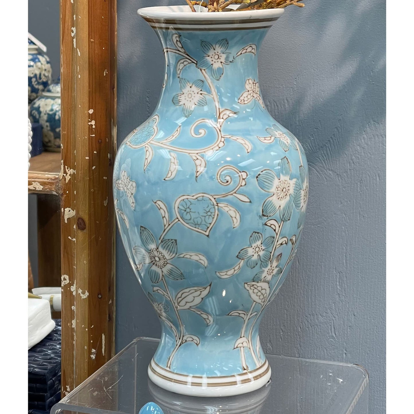 Galt International Yellow and White Sakura Chinoiserie Ceramic Vase 14" - Hand Painted Antique Style Porcelain Japanese Flower Bottle Fishtail Porcelain Chinese Vase for Home Decor Centerpiece