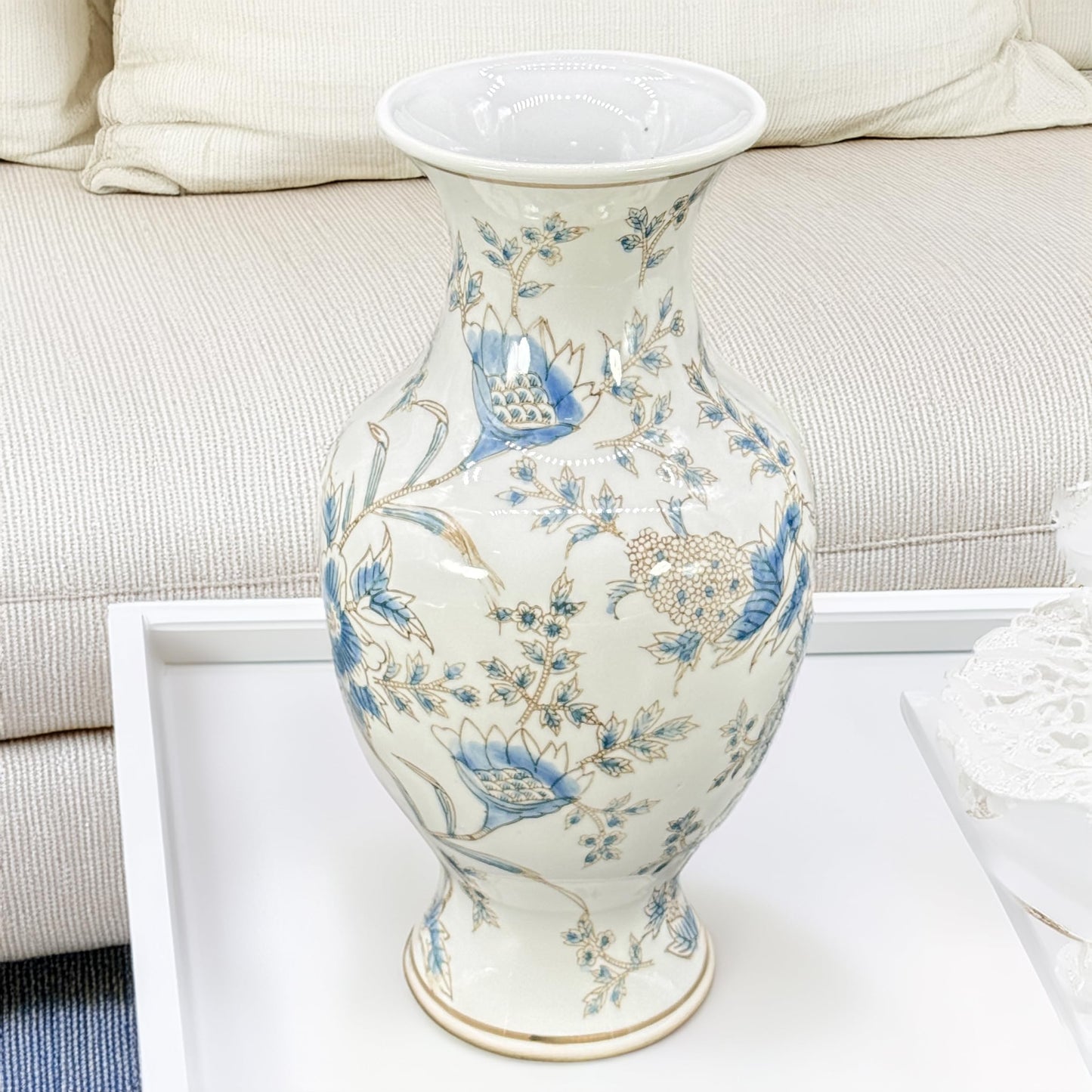 Galt International Yellow and White Sakura Chinoiserie Ceramic Vase 14" - Hand Painted Antique Style Porcelain Japanese Flower Bottle Fishtail Porcelain Chinese Vase for Home Decor Centerpiece