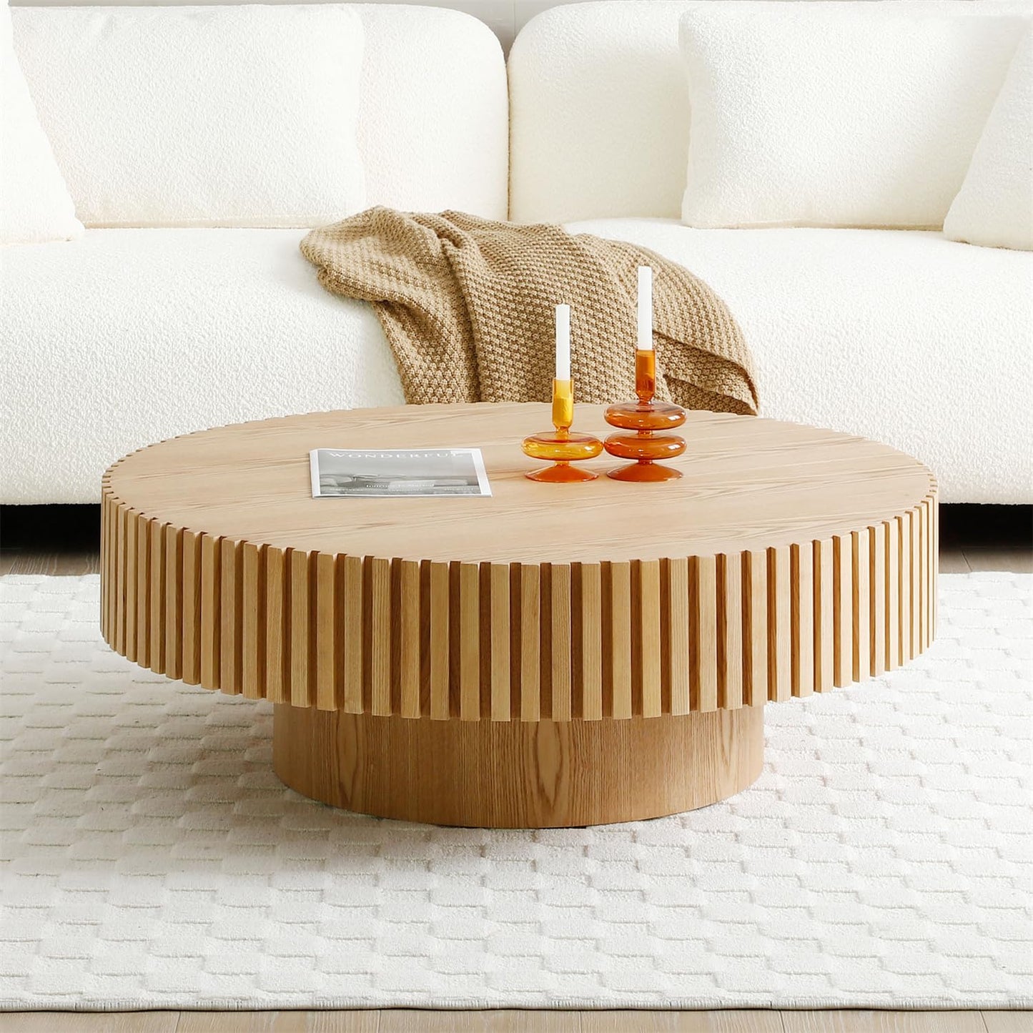 31.49'' Walnut Coffee Table Round Wood Modern Solid Wood Veneer Handcrafted Relief Tea Table with Sturdy Pedestal for Apartment Living Room