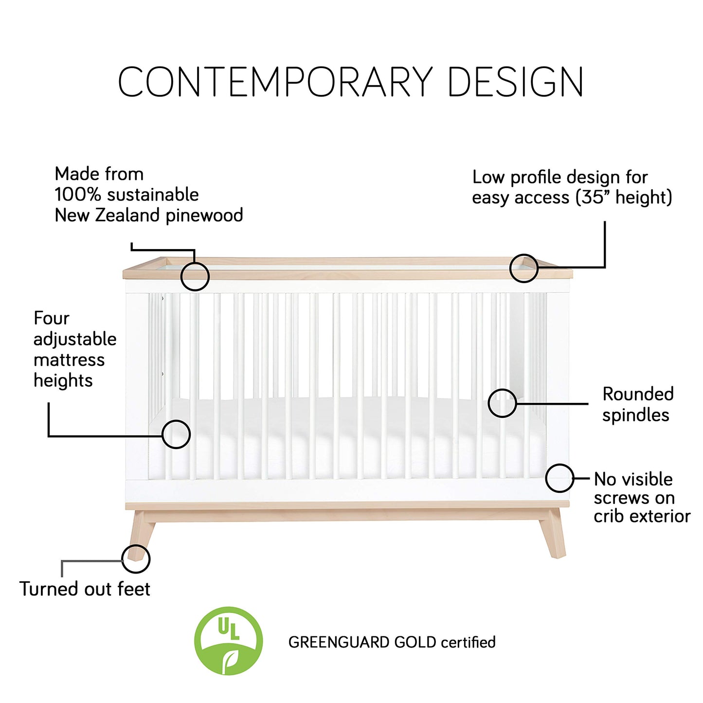 Babyletto Scoot 3-in-1 Convertible Crib with Toddler Bed Conversion Kit in White and Washed Natural, Greenguard Gold Certified