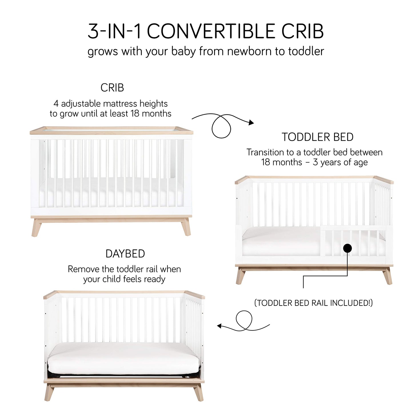 Babyletto Scoot 3-in-1 Convertible Crib with Toddler Bed Conversion Kit in White and Washed Natural, Greenguard Gold Certified