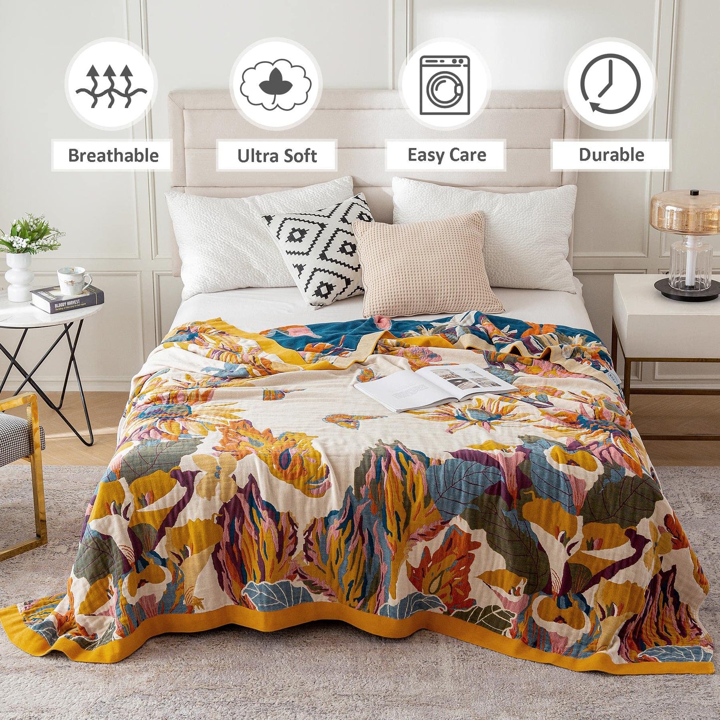 Boho Throw Blanket for Bed - 100% Cotton Ultra Soft Rustic Quilt - Floral Printed Farmhouse Decor Bed Fall Blankets,60"×80" All Season Rustic Large Throw for Sofa Couch Chair