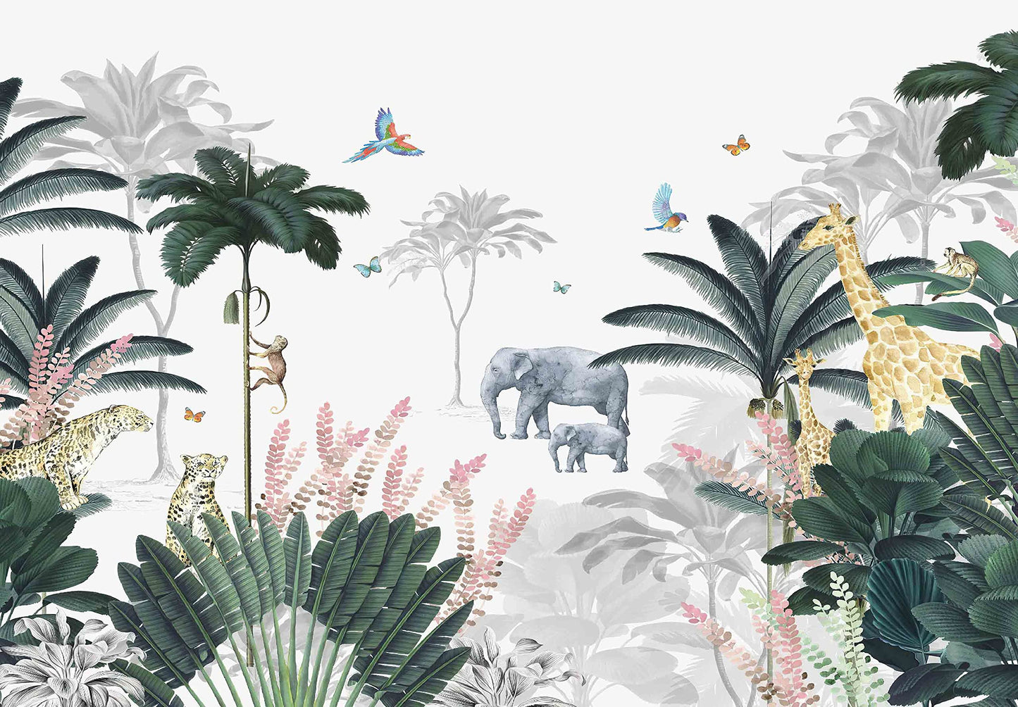 Kids Wallpaper Tropical Leaves and Safari Animals Mural Wallpaper for Bedroom TV Background Sofa Wall (not self-Adhesive)