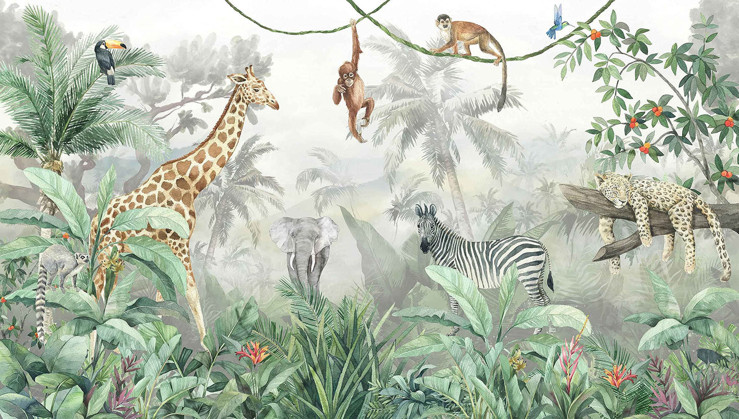 Kids Wallpaper Tropical Leves and Safari Animals Wall Mural for Wall Bedroom Living Room TV Background Sofa Wall (not self-Adhesive)