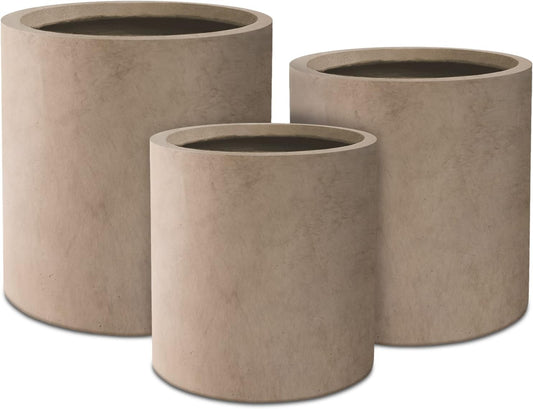 Kante 9.8",12.6",15.7" Dia Round Concrete Planter Set of 3, Modern Style Large Cylindrical Plant Pot with Drainage Hole and Rubber Plug for Indoor Outdoor Patio, Weathered Concrete