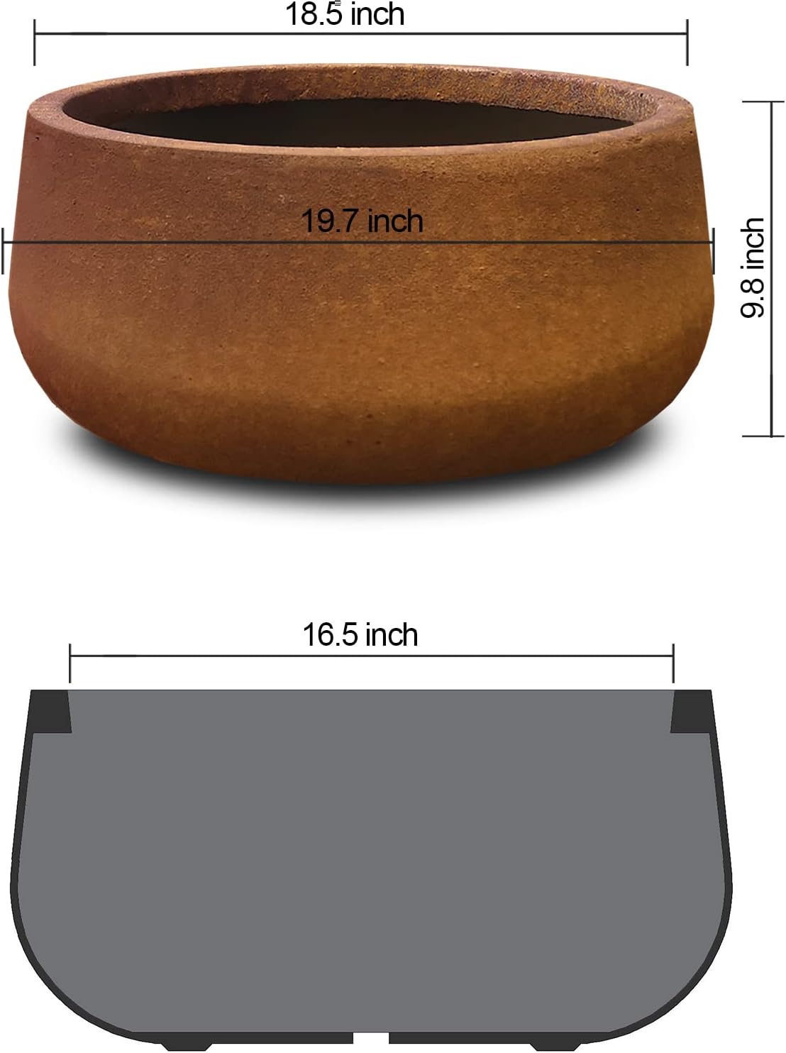 Kante 19.6" Dia Round Concrete Planter, Outdoor Indoor Garden Plant Pots with Drainage Hole and Rubber Plug, Modern Curvaceous Design, Iron Oxide