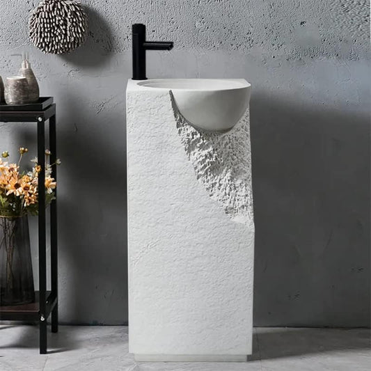 Weibath 34" Pedestal Sink Japandi Tall Stone Resin Freestanding Sink with Rounded Basin in White (White)