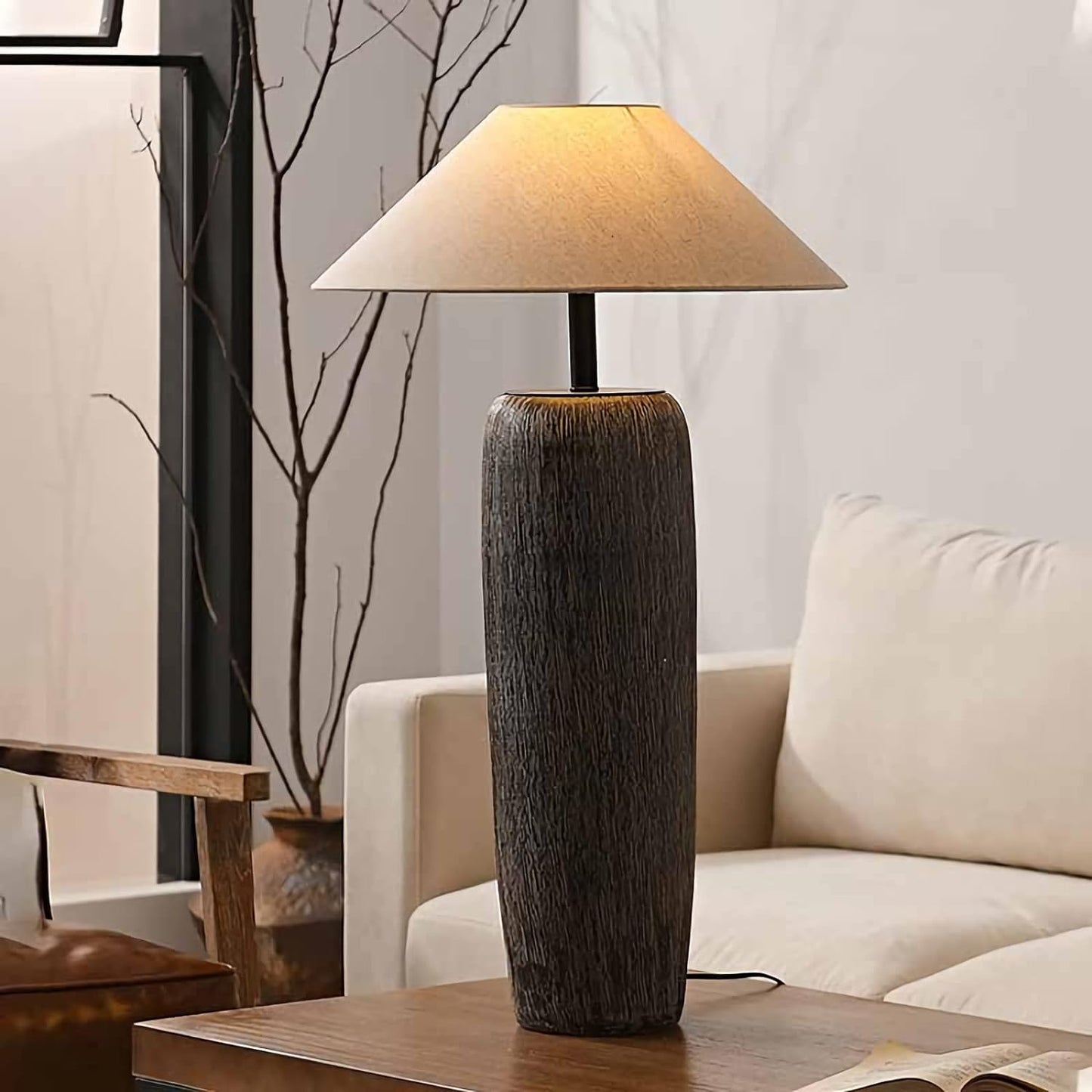 HATUO Vintage Black Ceramic Table Lamp, Rustic Farmhouse Handmade Old Wood Grain Table Lamp, American Imitation Branch Lamp Body with Fabric Shade Bedside Lamp for Living Room Bedroom (D23.6*H43.3IN)