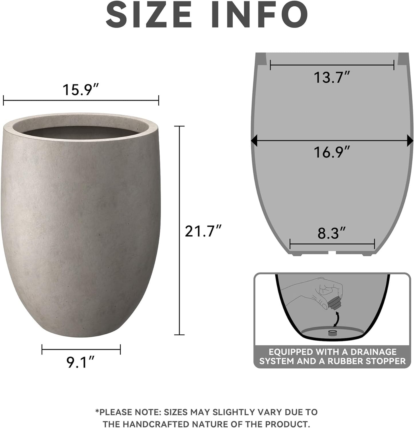 Kante 21.7" H Weathered Concrete Tall Planter, Large Outdoor Indoor Decorative Pot with Drainage Hole and Rubber Plug, Modern Round Style for Home and Garden