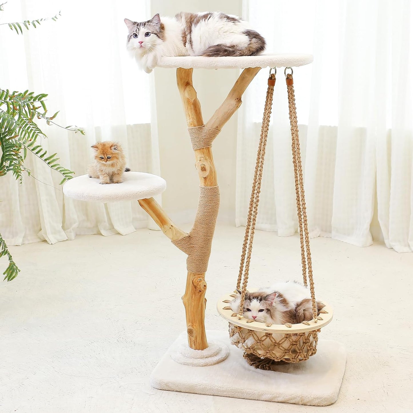 Xiamiao Modern Cat Tree for Indoor Cats, Wooden Cat Condos and Towers for Large Cats Washable, Luxury Mid Century Cat Furniture with Unique Cat Swing, 50 Inches Tall