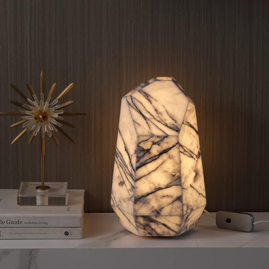 Artsolute Handcrafted Real Marble Table Lamp, Stone Lamp with Tri-Color Dimmable LED, Bedside Lamp, Small Table Lamp for Home Decor, Accent Table Lamp for Bedroom Living Room, Multifacet