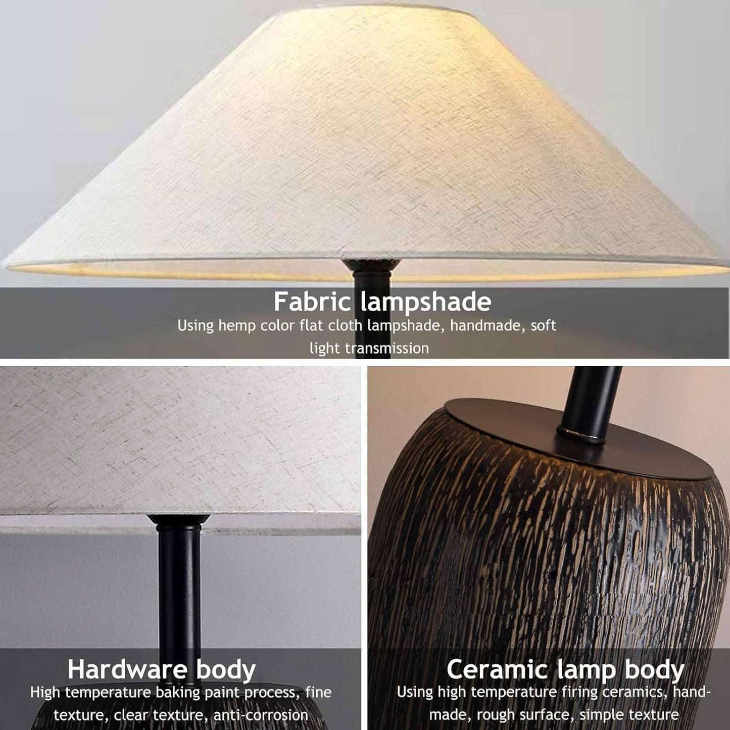 HATUO Vintage Black Ceramic Table Lamp, Rustic Farmhouse Handmade Old Wood Grain Table Lamp, American Imitation Branch Lamp Body with Fabric Shade Bedside Lamp for Living Room Bedroom (D23.6*H43.3IN)