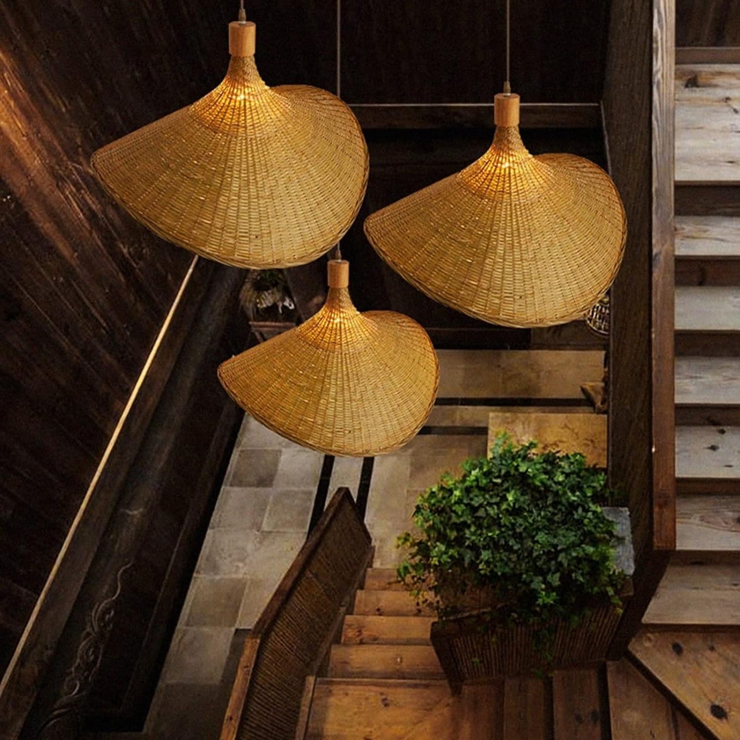 JKTOLKY Bamboo Pendant Lighting Fixtures, Art Bird Nest Lamp Shade hat Ceiling Hanging Light with Adjustable Cord for Living Room Dining Room Bar
