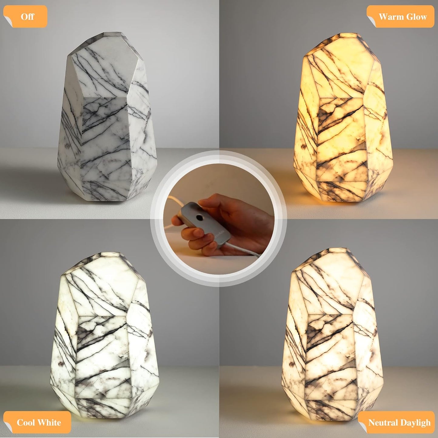 Artsolute Handcrafted Real Marble Table Lamp, Stone Lamp with Tri-Color Dimmable LED, Bedside Lamp, Small Table Lamp for Home Decor, Accent Table Lamp for Bedroom Living Room, Multifacet