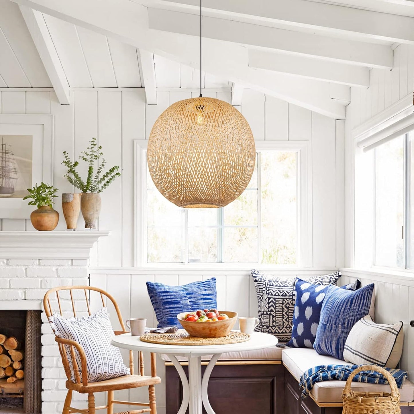 Arturesthome Natural Bamboo Pendant Lamp, Round Hanging Ceiling Light Wicker Chandelier, Hand-Woven Boho Basket Lampshade for Kitchen Island Living Room