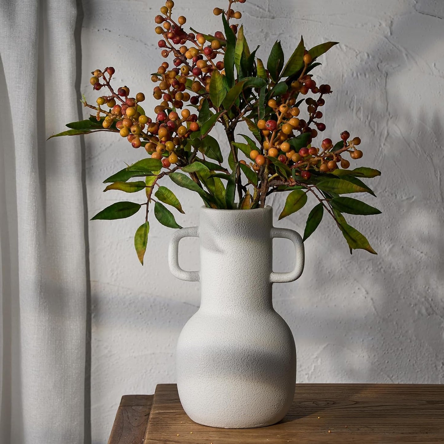 SIDUCAL Rustic Ceramic Farmhouse Flower Vase with 2 Handles, Whitewashed Terra Cotta Vase, Decorative Pottery Flower Vase for Home Decor, Table, Living Room, Shelf Decor, 7.3 Inch, Terra