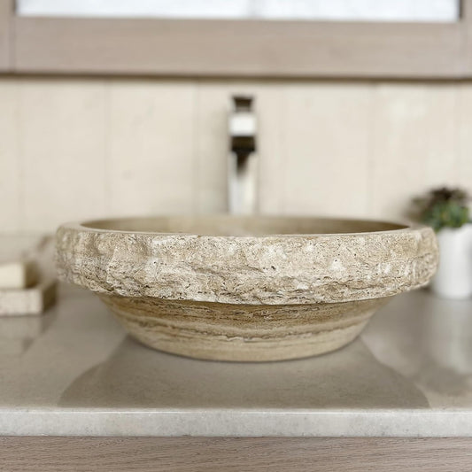 Luxurious 16" Round Marble Bathroom Vessel Sink - Chiseled - 100% Natural Stone - Hand Carved - FREE Matching Soap Tray (Tan Travertine)