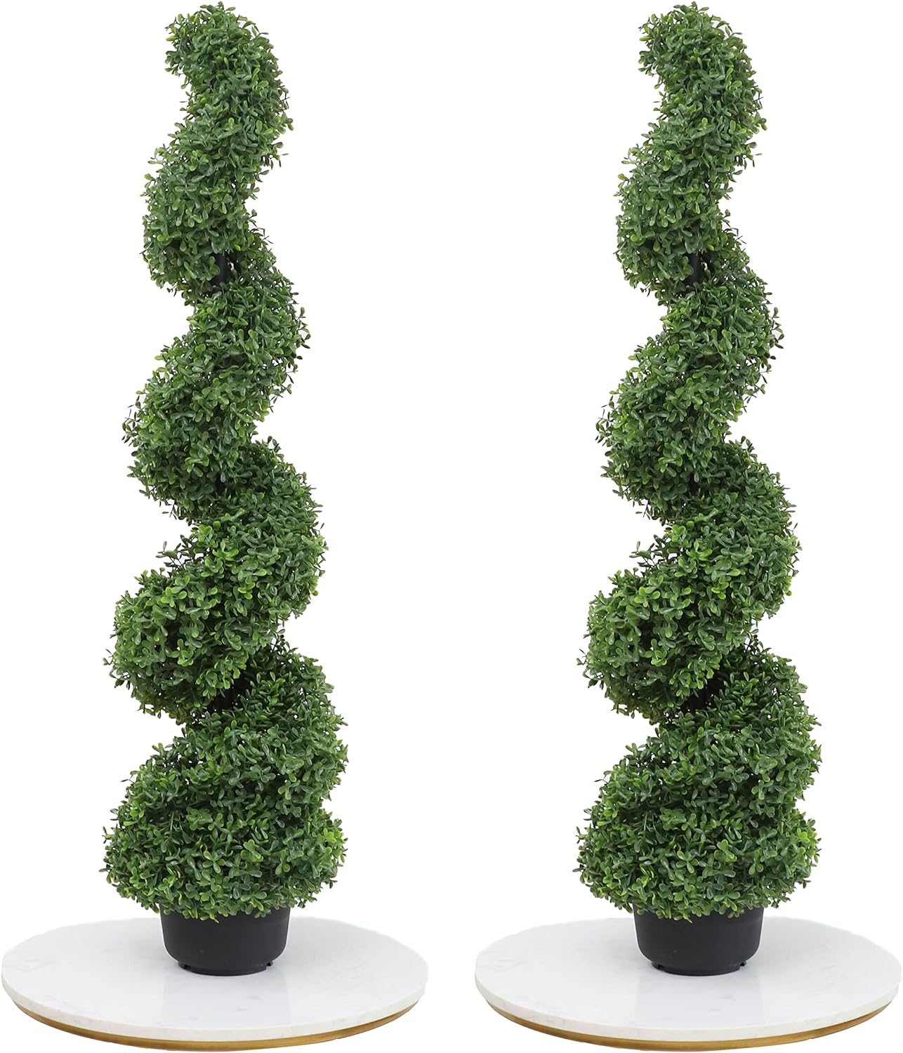 35 Inch Artificial Boxwood Topiary Tree Spiral Plants Fake Faux Plant Decor in Plastic Pot Green Indoor or Outdoor, Set of 2