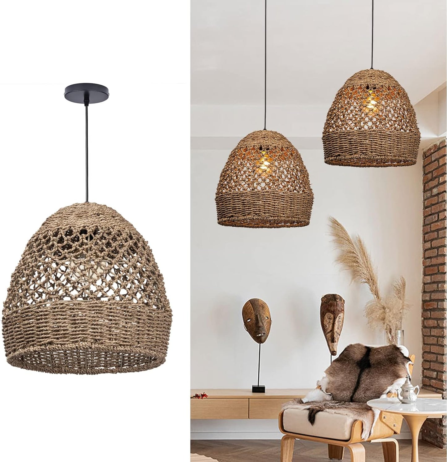 Arturesthome Retro Rattan Woven Pendant Light Fixture, Chandelier with Lamp Shade Light Cover, Hanging Lighting for Kitchen Dining Room Foyer Entry
