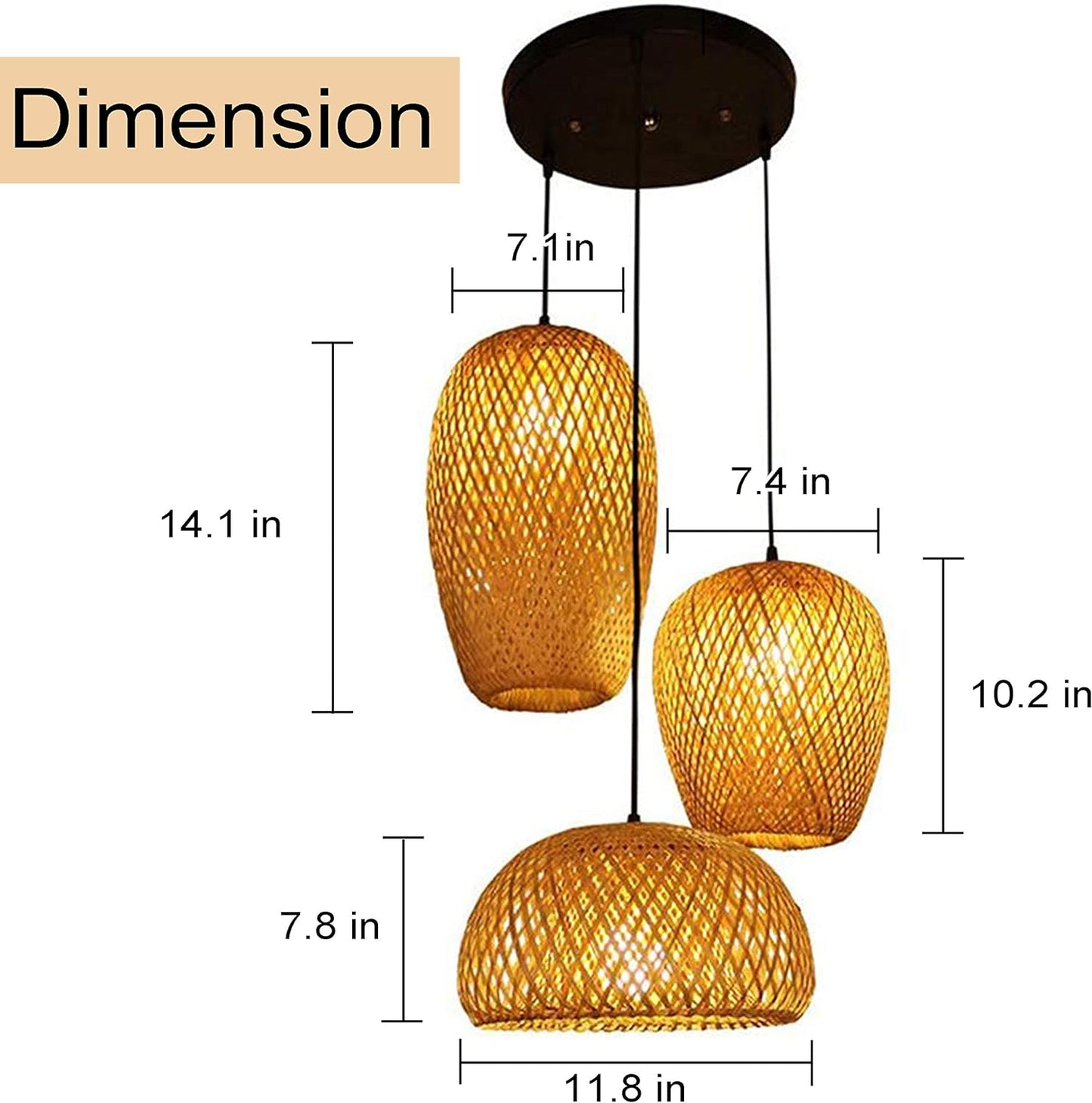 GCQ Bamboo Light Fixtures, 3 Headlights E26 E27 Retro Rustic Bamboo Wicker Rattan Chandelier Ceiling Hanging Light for Living Room Bedroom Farmhouse Restaurant Cafe Teahouse Bar Dining Room Club