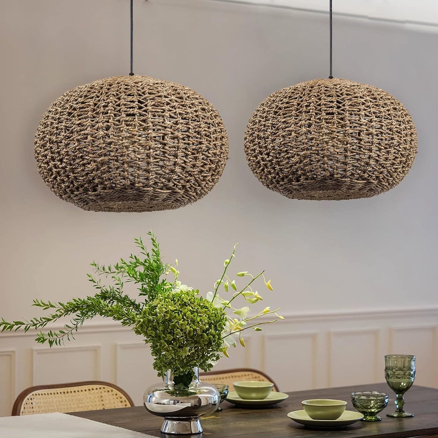 Arturesthome Rattan Chandelier, Handwoven Kitchen Pendant Lights, Wicker Lamp Shade Farmhouse Ceiling Lighting Fixtures, Country Weave Hanging Light for Foyer Nursery