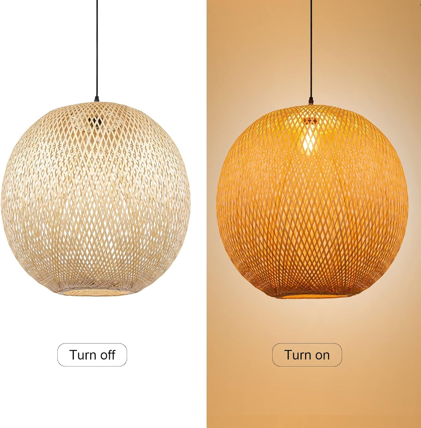 Arturesthome Natural Bamboo Pendant Lamp, Round Hanging Ceiling Light Wicker Chandelier, Hand-Woven Boho Basket Lampshade for Kitchen Island Living Room