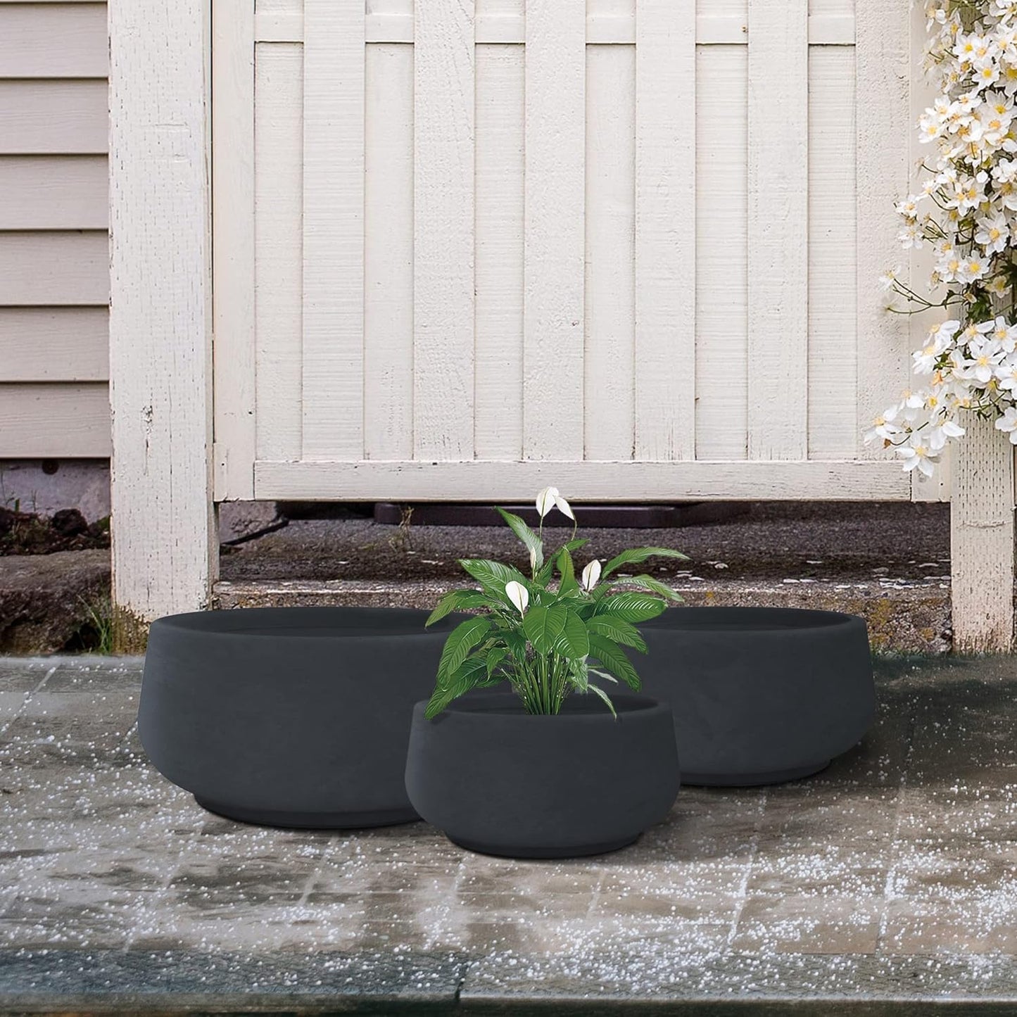 Kante 21.6",16.9",and 12.5" Dia Round Weathered Concrete Elegant Planters (Set of 3), Outdoor Indoor Garden Plant Pot with Drainage Hole and Rubber Plug for Home & Patio