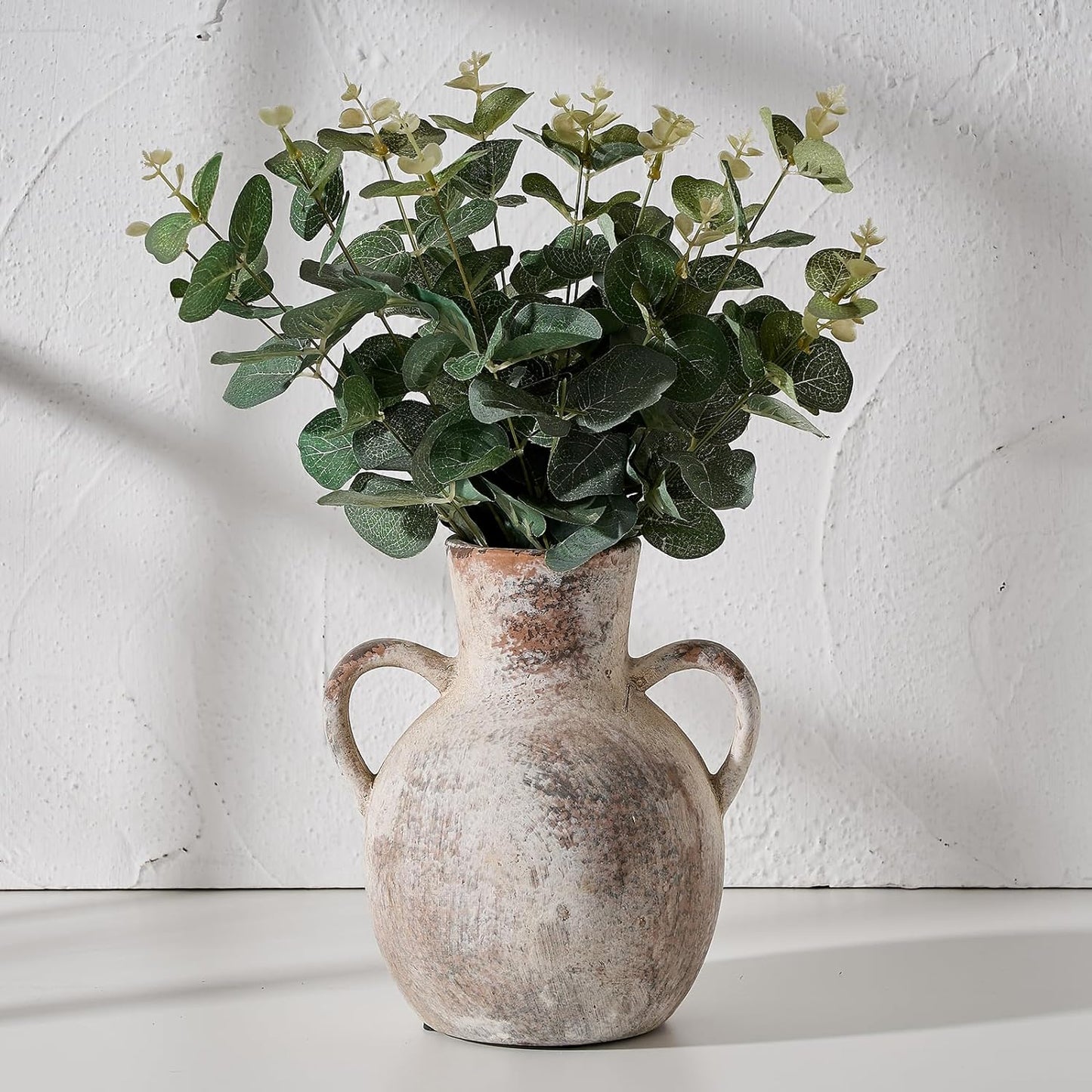 SIDUCAL Rustic Ceramic Farmhouse Flower Vase with 2 Handles, Whitewashed Terra Cotta Vase, Decorative Pottery Flower Vase for Home Decor, Table, Living Room, Shelf Decor, 7.3 Inch, Terra