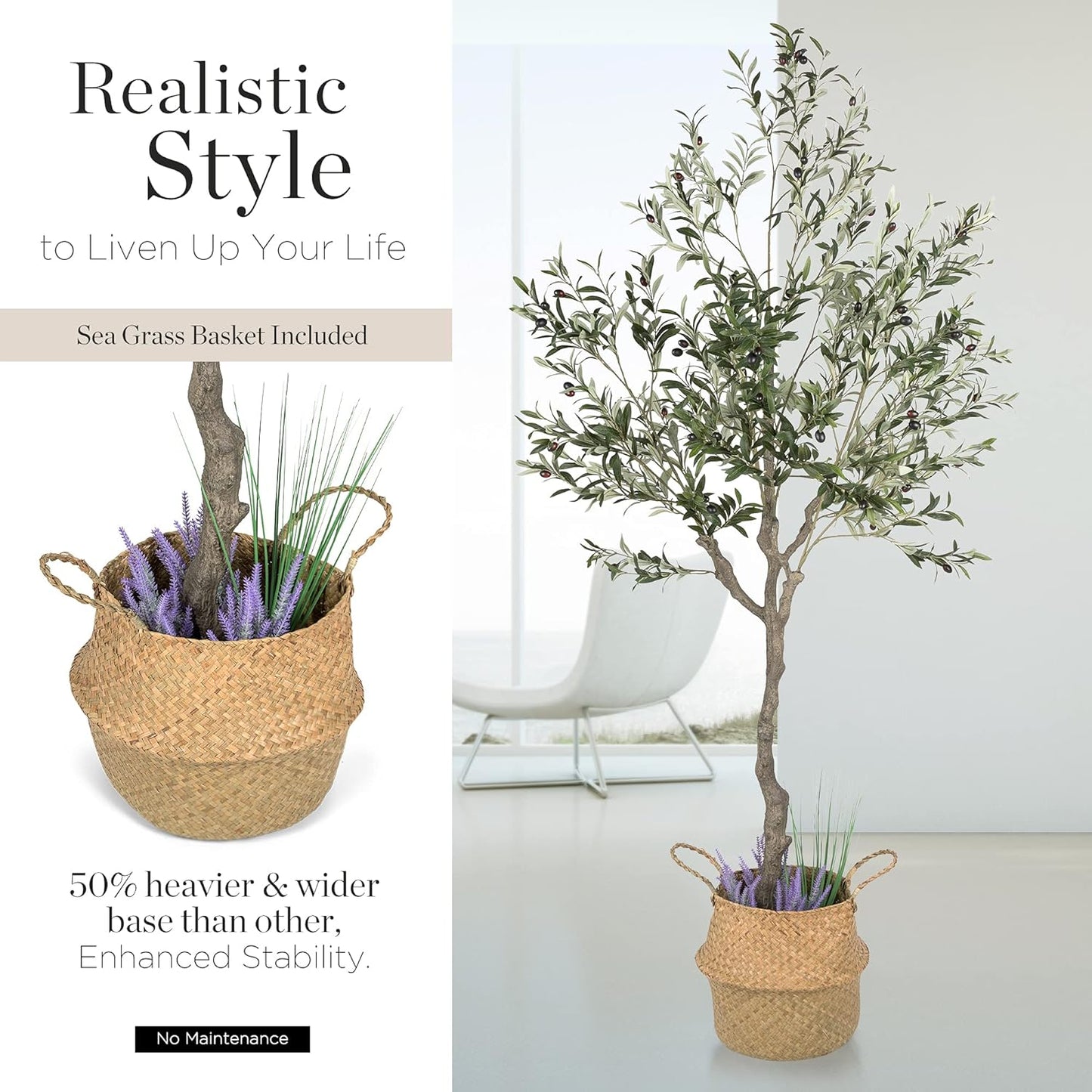Artificial Olive Tree, 82 Inches Tall - Fake Floor Plant for Modern Home Decor - Living Room, Bedroom, Balcony - Faux Potted Trees for Indoor or Outdoor - Includes Seagrass Belly Basket