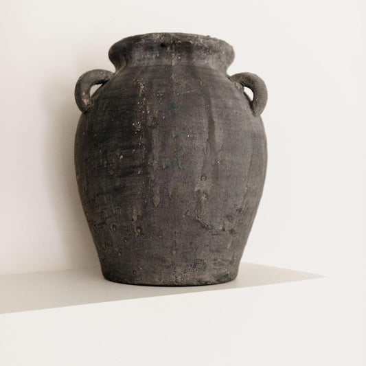Mulberry Lane Co. Handmade Black Vase - 9.5'' Tall Terracotta Vase, Vintage vase, Black Ceramic vase, Rustic Antique Decor with 3 Ear Design, Wide Mouth, Non-Slip Bottom, Matte Finish for Home Decor