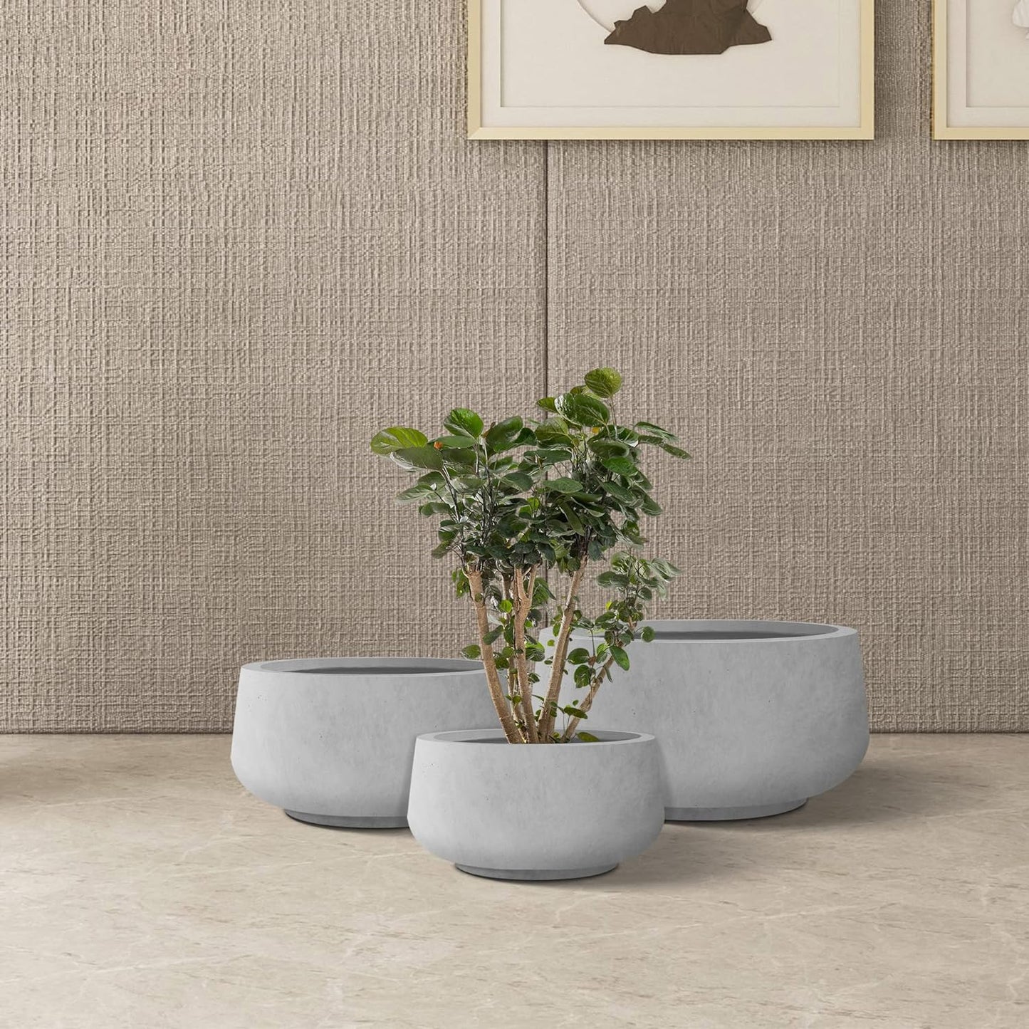 Kante 21.6",16.9",and 12.5" Dia Round Weathered Concrete Elegant Planters (Set of 3), Outdoor Indoor Garden Plant Pot with Drainage Hole and Rubber Plug for Home & Patio