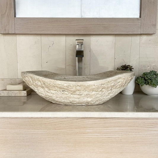 EDUPET Tan Travertine Chiseled Stone Bathroom Vessel Sink - Oval Canoe Shape - 100% Natural Marble, Hand Carved - Free Matching Soap Tray